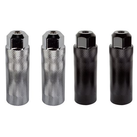 3/8 Lead Foot Steel Axle Pegs for Bikes (Set of 2) shown in close-up, highlighting their knurled and grooved metal finishes, suitable for BMX tricks and available in black or silver.