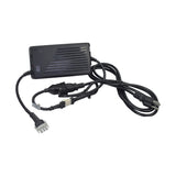 24 Volt 4.0 Amp On-Board Battery Charger for Pride Dynamo, Celebrity XL, Legend, Sidekick, & Sundancer Scooters, featuring a black rectangular power supply with attached cables and connectors.