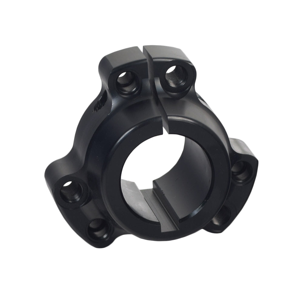 1-1/4 Bore Rear Wheel Hub for Go-Karts & Drift Trikes, a black metal object with pre-drilled holes for bolts, made of billet aluminum alloy, designed for 1-1/4 axles.