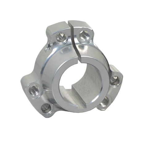 1-1/4 Bore Rear Wheel Hub for Go-Karts & Drift Trikes, made of silver billet aluminum with pre-drilled bolt holes in a circular pattern for 1/4 or 5/16 bolts.