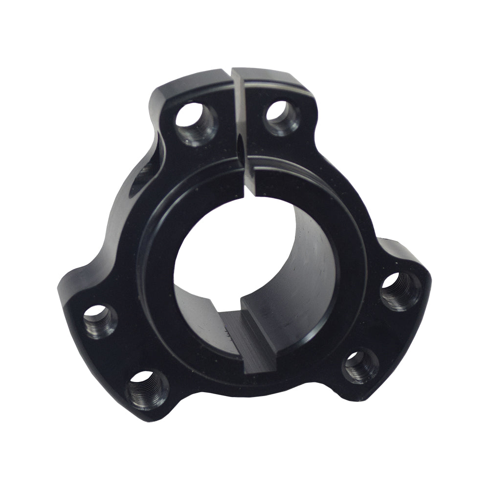 1-1/4 Bore Rear Wheel Hub for Go-Karts & Drift Trikes, a black metal object with pre-drilled holes for bolts arranged in a 2-1/2 circle pattern, suitable for 1-1/4 axles.