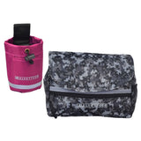 Saddle Bag & Cup Holder Combination for Mobility Scooters, Power Chairs, & Wheelchairs featuring a pink and grey camouflage bag with a black strap, and spacious compartments for additional storage.