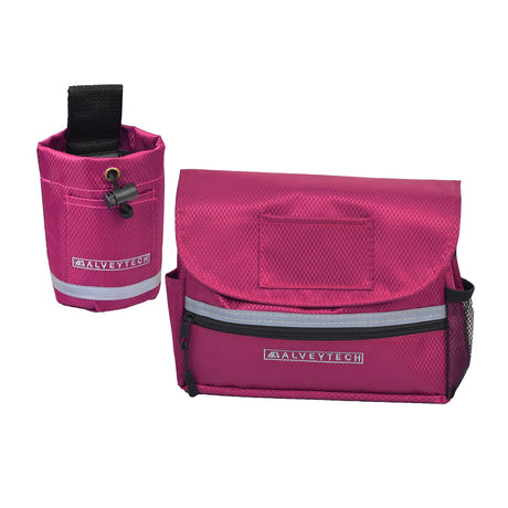 Saddle Bag & Cup Holder Combination for Mobility Scooters, Power Chairs, & Wheelchairs: Features a pink zippered saddle bag with black strap and multiple pockets, ideal for storing essentials.