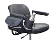 Saddle Bag & Cup Holder Combination for Mobility Scooters, Power Chairs, & Wheelchairs. Black chair displaying the durable nylon saddle bag and metal bottle in the universal mount cup holder.