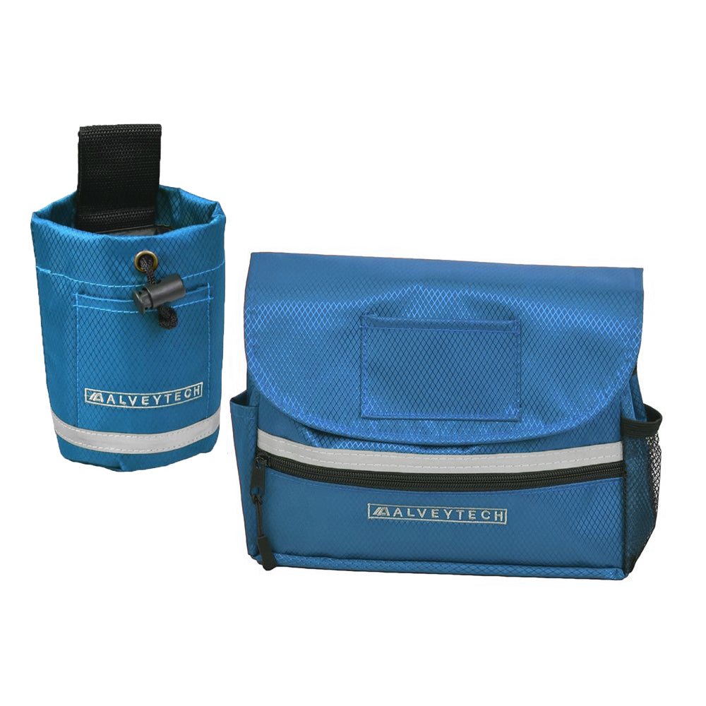 Saddle Bag & Cup Holder Combination for Mobility Scooters, Power Chairs, & Wheelchairs, showing a sturdy blue nylon saddle bag with a black strap, zippered pockets, and a cup holder.