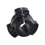 1 Bore Rear Wheel Hub for Go-Karts & Drift Trikes, a black metal object with pre-drilled holes for bolts, designed for a 1 axle and lightened for racing.