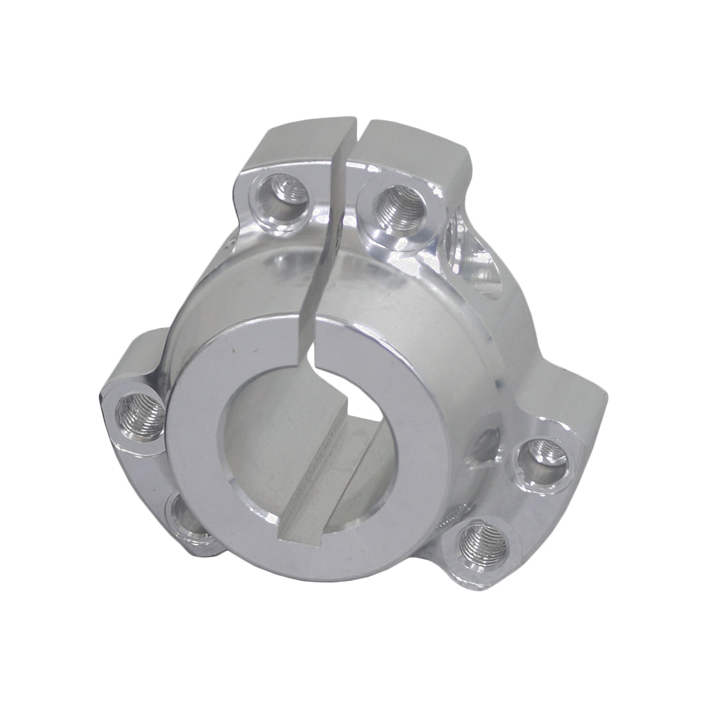 1 Bore Rear Wheel Hub for Go-Karts & Drift Trikes, featuring a silver metal object with pre-drilled bolt holes and screws, designed for a 1 axle and made of billet aluminum alloy.