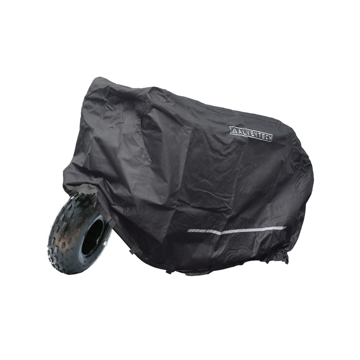 Heavy Duty Weatherproof Cover for Baja, Coleman, and Massimo MB200 Mini Bikes shown snugly fitting over a wheel, providing robust protection from dust, rain, and snow with 600D polyester and PVC backing.