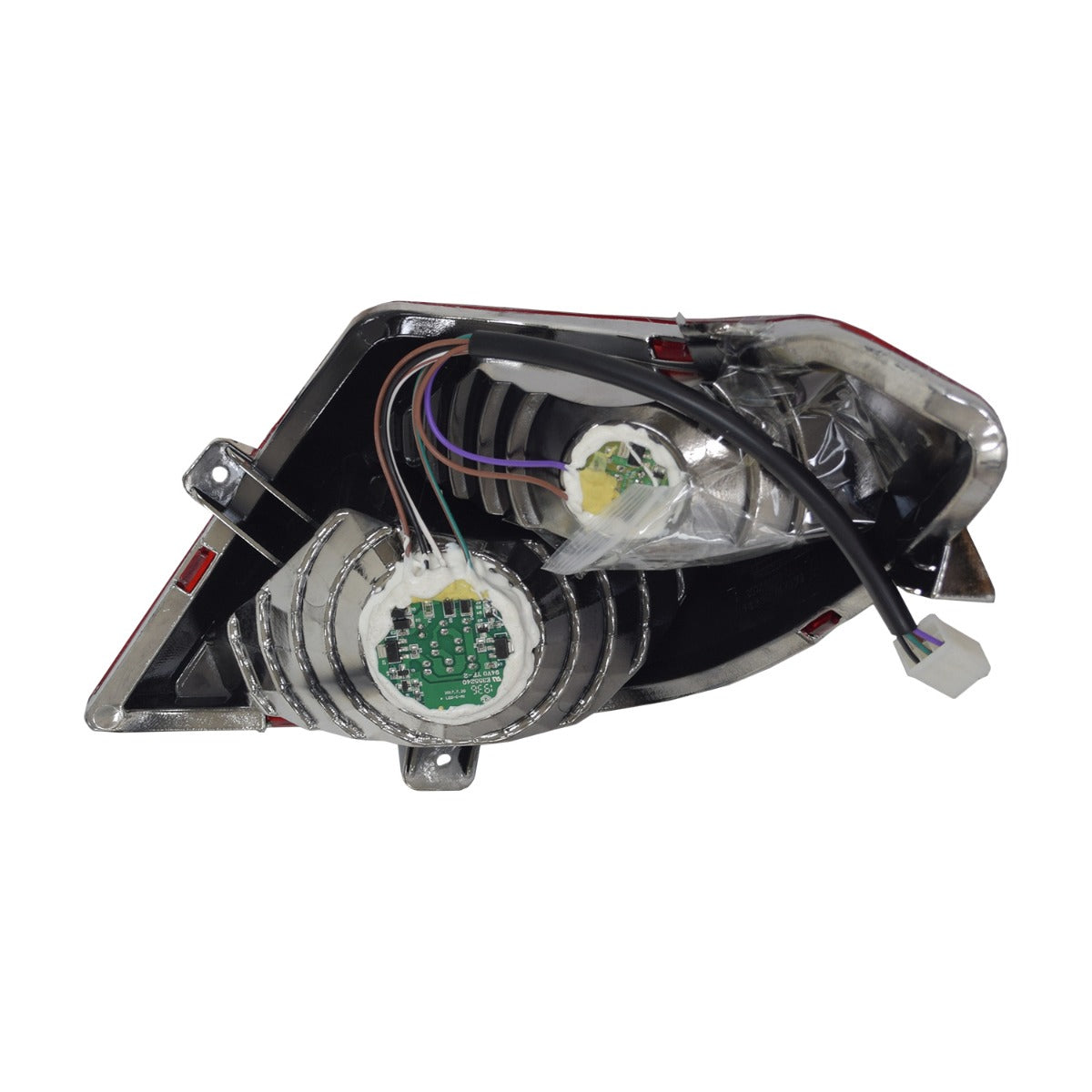 Close-up of the LED right rear light assembly for the Pride Mobility Raptor (R3-1700) Scooter, showcasing the headlight, harness, and printed circuit board.