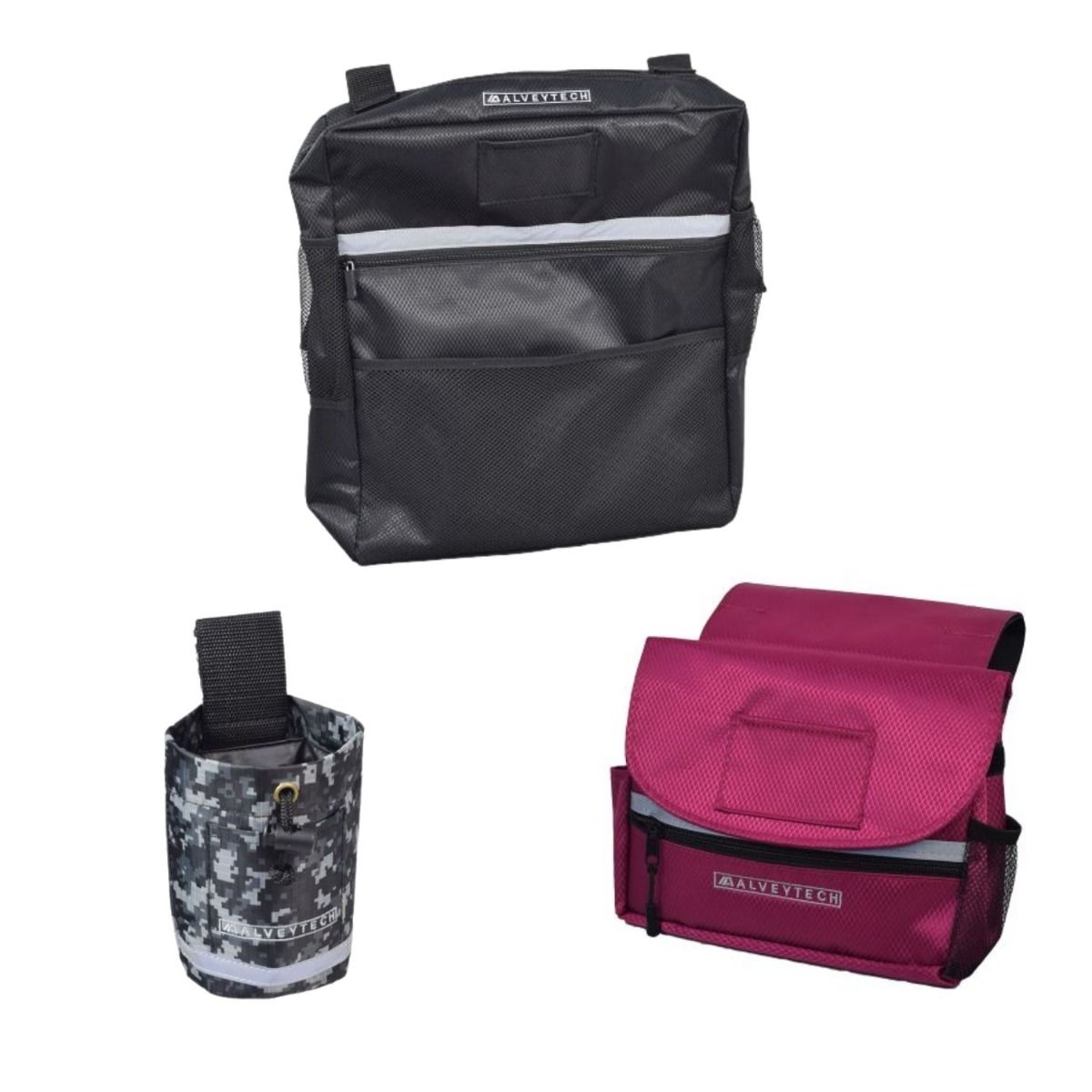 Saddle Bag, Seat Back Bag (Backpack), & Cup Holder Combination for Mobility Scooters, Power Chairs, & Wheelchairs displayed on a white background, showing durable, zippered compartments and multiple pockets for storage.