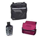 Saddle Bag, Seat Back Bag (Backpack), & Cup Holder Combination for Mobility Scooters, Power Chairs, & Wheelchairs displayed on a white background, showing durable, zippered compartments and multiple pockets for storage.