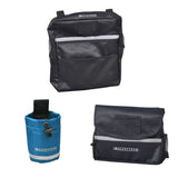 Saddle Bag, Seat Back Bag (Backpack), & Cup Holder Combination for Mobility Scooters, Power Chairs, & Wheelchairs: A set of durable black bags with multiple compartments, zippers, and a universal mount cup holder.