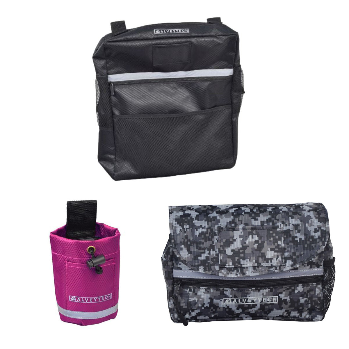 Saddle Bag, Seat Back Bag (Backpack), & Cup Holder Combination for Mobility Scooters, Power Chairs, & Wheelchairs displayed together, showcasing their durable fabric, multiple pockets, and secure fastenings.