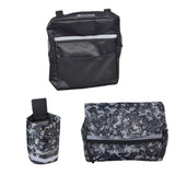 Saddle Bag, Seat Back Bag (Backpack), & Cup Holder Combination for Mobility Scooters, Power Chairs, & Wheelchairs featuring durable black nylon fabric with multiple pockets, zippers, and an insulated cup holder.