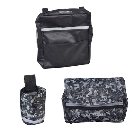 Saddle Bag, Seat Back Bag (Backpack), & Cup Holder Combination for Mobility Scooters, Power Chairs, & Wheelchairs featuring durable black nylon fabric with multiple pockets, zippers, and an insulated cup holder.