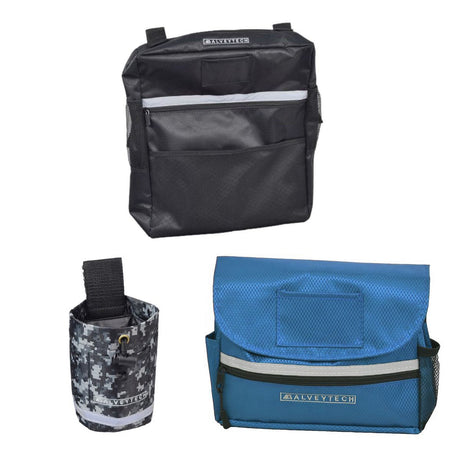 Saddle Bag, Seat Back Bag (Backpack), & Cup Holder Combination for Mobility Scooters, Power Chairs, & Wheelchairs showcasing multiple bags and a cup holder designed for added storage and convenience.