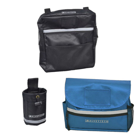 Saddle Bag, Seat Back Bag (Backpack), & Cup Holder Combination for Mobility Scooters, Power Chairs, & Wheelchairs, featuring three durable fabric bags with multiple compartments and versatile mounting options.