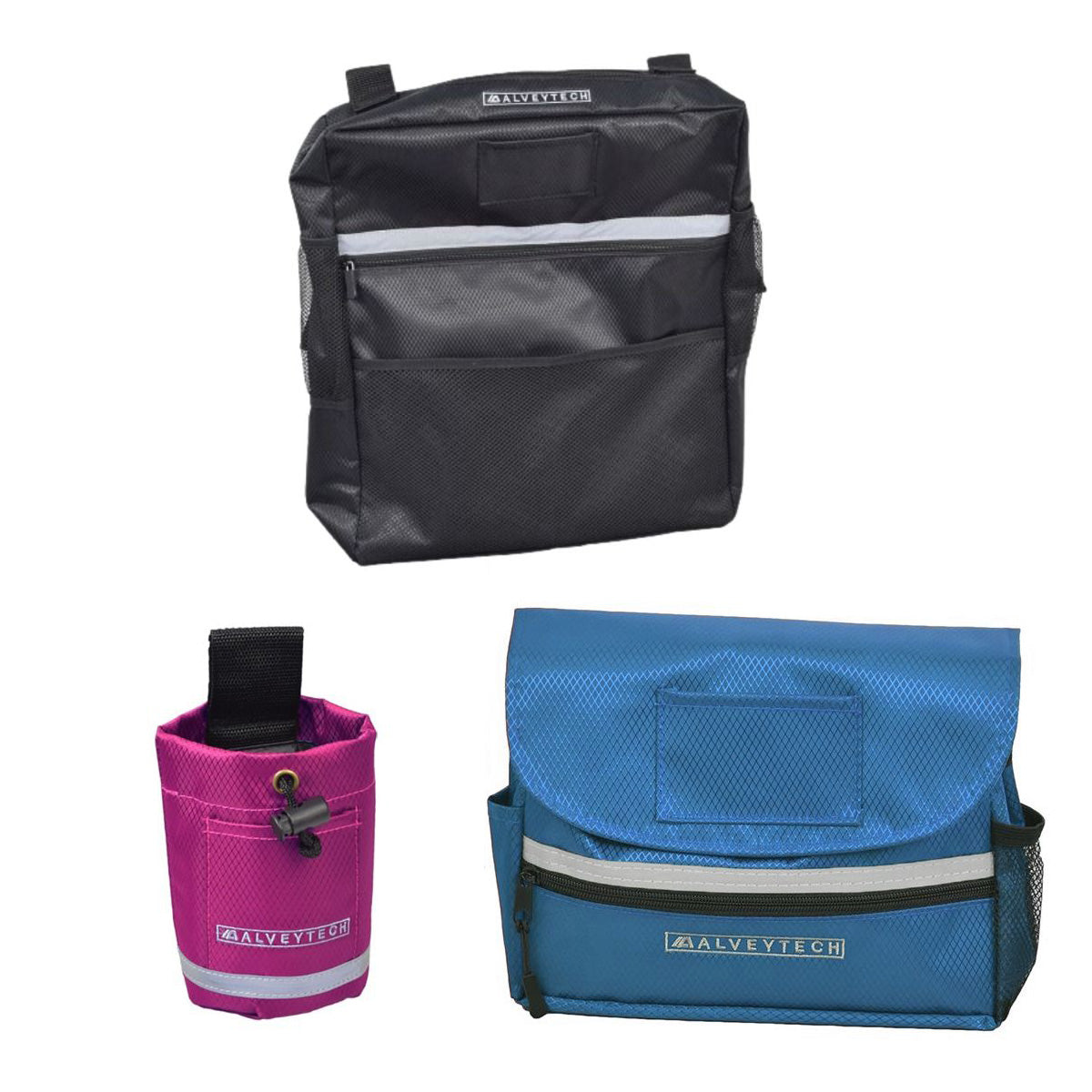 Saddle Bag, Seat Back Bag (Backpack), & Cup Holder Combination for Mobility Scooters, Power Chairs, & Wheelchairs displayed together, showcasing their durable fabric and functional compartments.