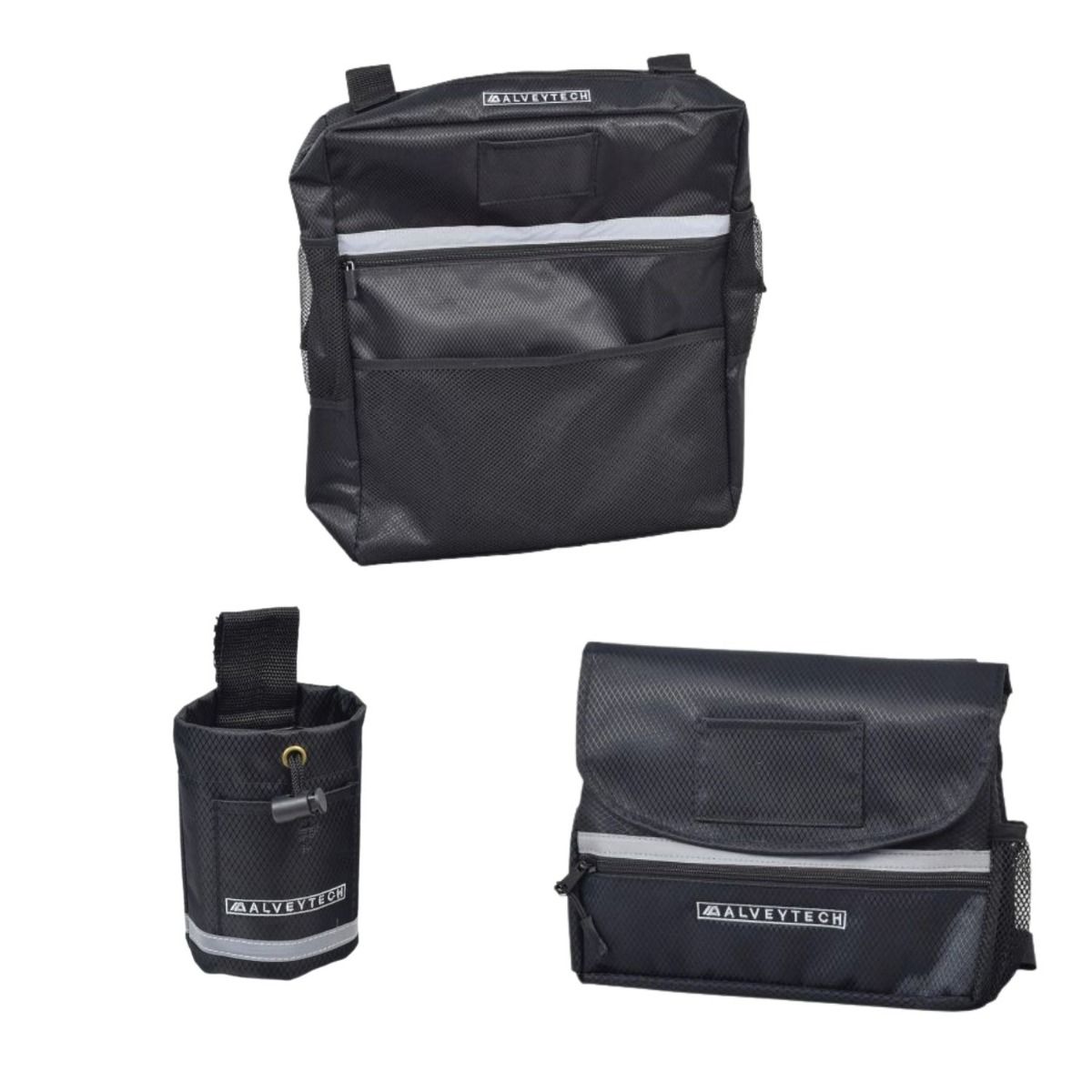 Saddle Bag, Seat Back Bag (Backpack), & Cup Holder Combination for Mobility Scooters, Power Chairs, & Wheelchairs, featuring durable black nylon fabric, multiple zippered pockets, and reflective safety tape.