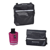 Saddle Bag, Seat Back Bag (Backpack), & Cup Holder Combination for Mobility Scooters, Power Chairs, & Wheelchairs, featuring multiple durable bags with various compartments and a cup holder attached.