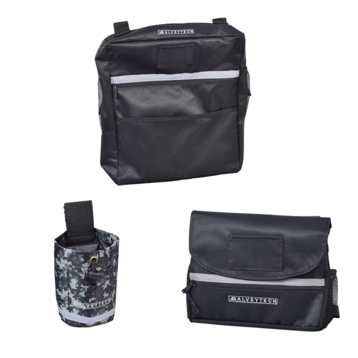 Saddle Bag, Seat Back Bag (Backpack), & Cup Holder Combination for Mobility Scooters, Power Chairs, & Wheelchairs, featuring a close-up of durable black bags with zippers and pockets for convenient storage.