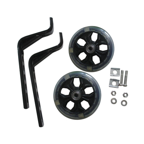 Training Wheels with Brackets & Hardware (Set of 2) featuring black metal and plastic wheels, steel brackets, and pre-installed wheel bearings.