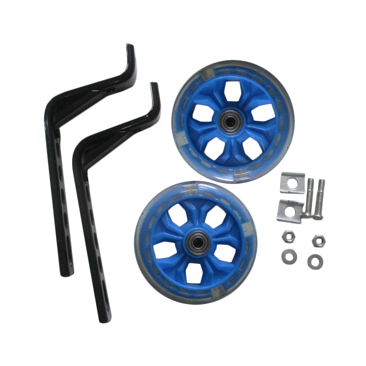 Training Wheels with Brackets & Hardware (Set of 2) featuring blue wheels, sturdy black metal brackets, and additional braces for stability, designed for kids' bikes with smaller rear wheels.