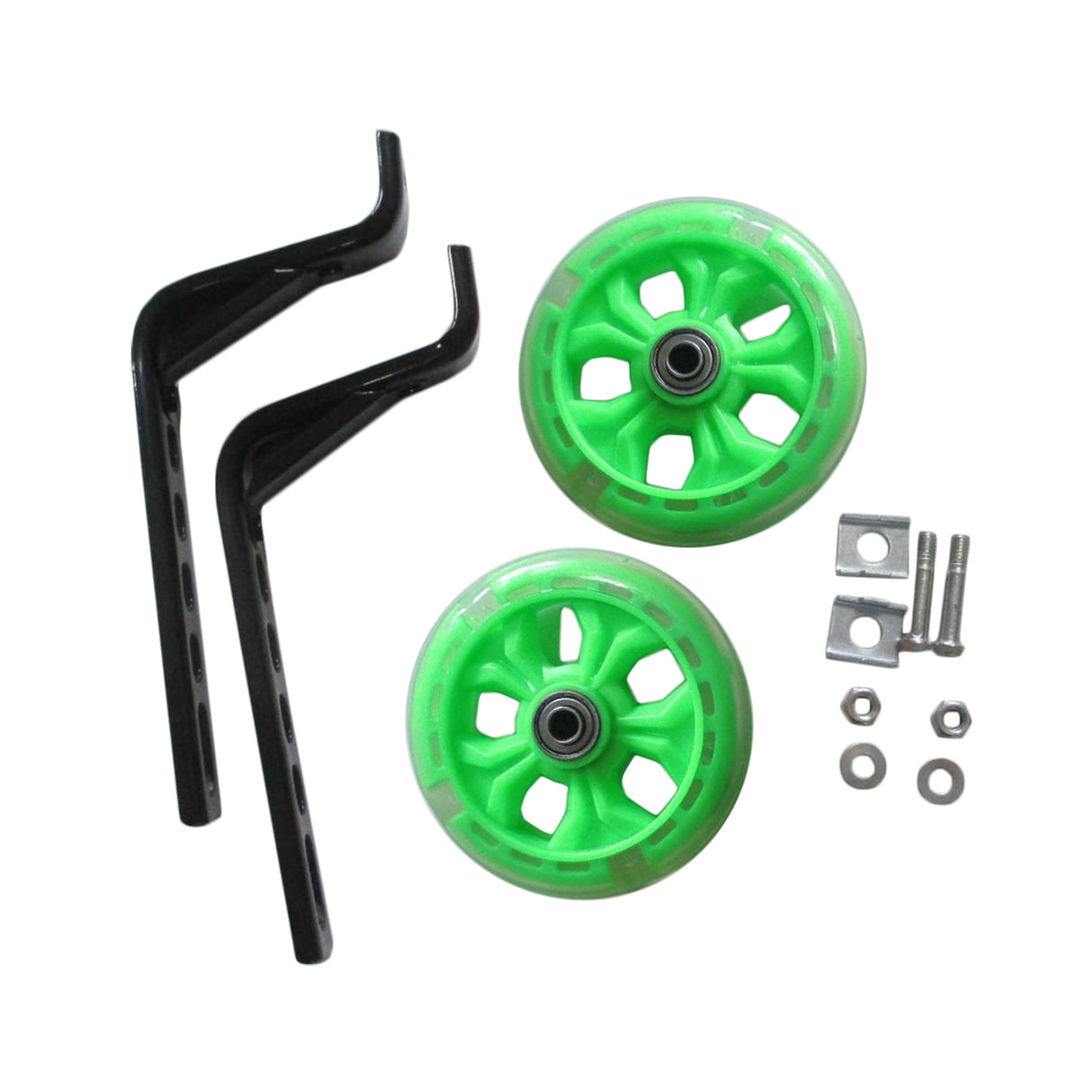 Training Wheels with Brackets & Hardware (Set of 2) featuring green wheels with metal centers and robust black metal brackets, designed for stability and easy installation on kids' bikes.