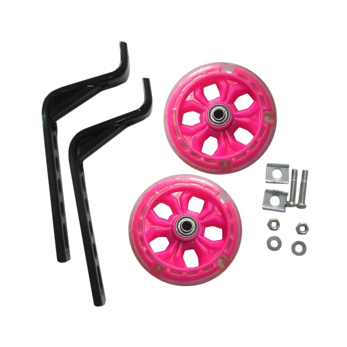 Training Wheels with Brackets & Hardware (Set of 2) featuring pink wheels with metal centers and sturdy black steel brackets, designed for stability and ease of installation on kids' bikes.