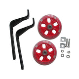 Training Wheels with Brackets & Hardware (Set of 2) showing red wheels with white rims, black metal brackets, and additional braces, designed for kids' bikes with 12, 14, or 16 rear wheels.