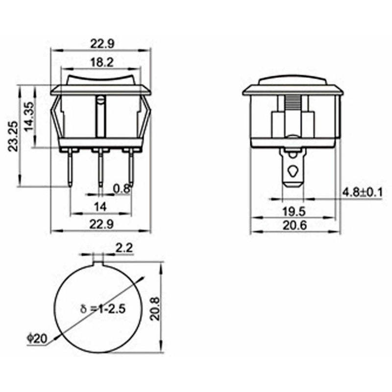 Diagram of the Round Red Illuminated On/Off Switch for the Kidzone Ride-On Bumper DIY Race Car, showing dimensions, 3-pin terminal, and background illumination in the On position.