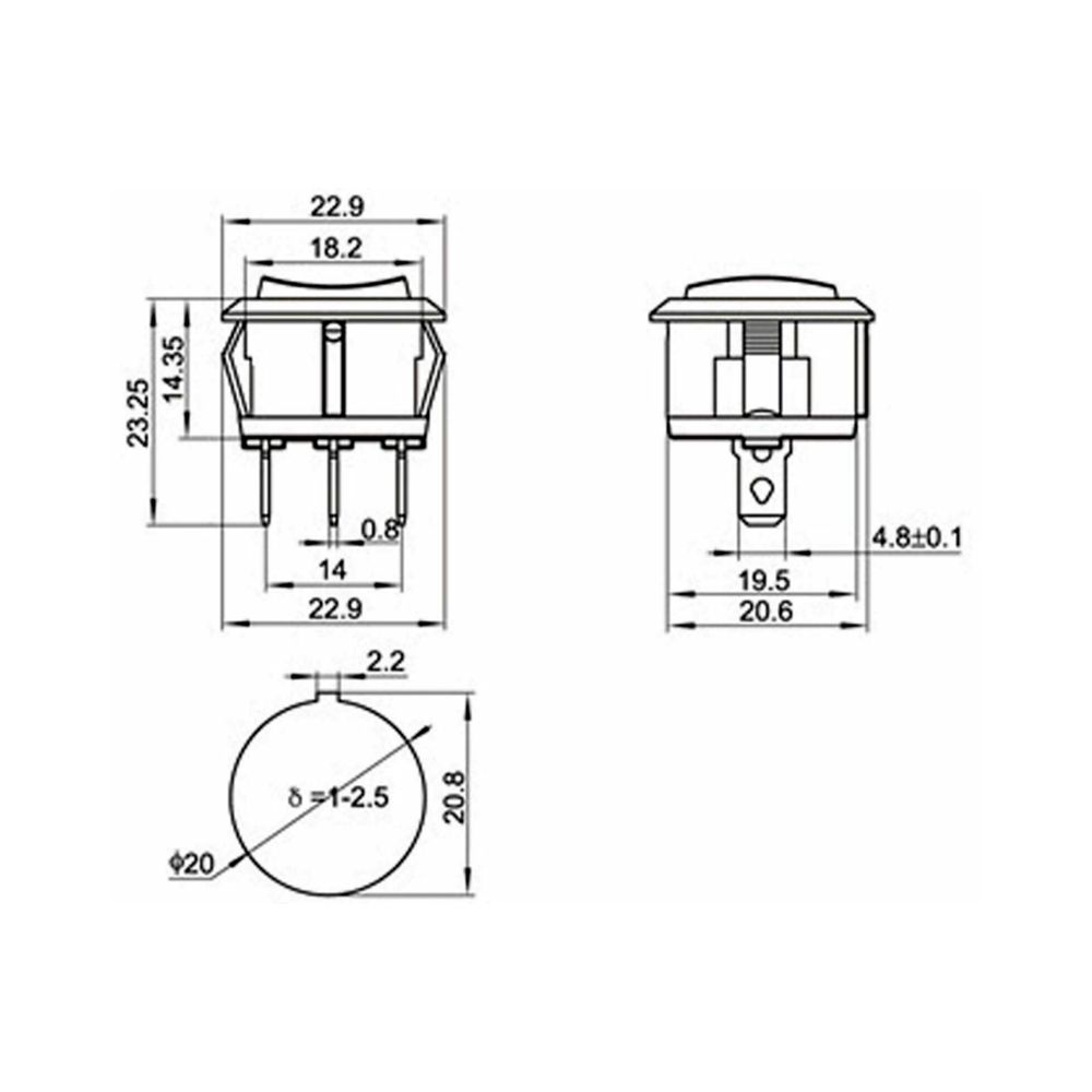 Diagram of the Round Red Illuminated On/Off Switch for the Kidzone 12V Ride-On Electric Tractor w/ Trailer, featuring a circular rocker design with a 3-pin terminal and illumination indicators.