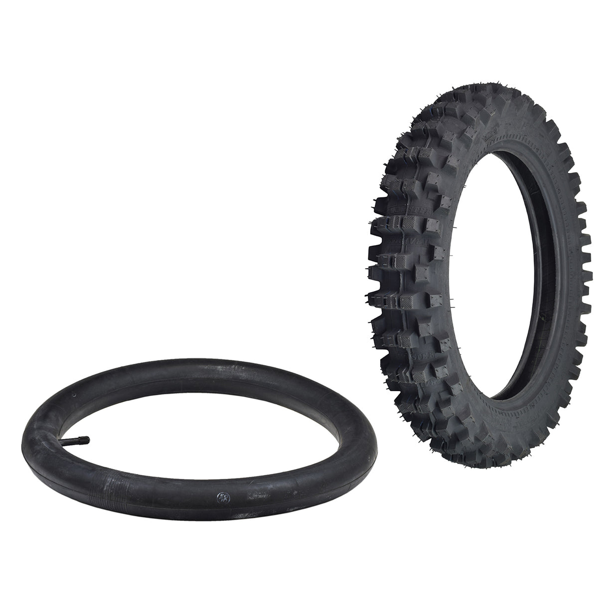 3.00/4.10-14 (90/100-14) Dirt Bike Tire & Tube Set, featuring a black tire with visible tread and a matching inner tube, ideal for various electric and gas-powered dirt bikes.