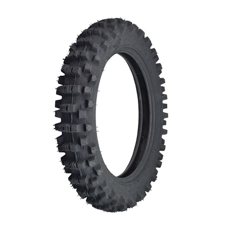 3.00/4.10-14 (90/100-14) Dirt Bike Tire & Tube Set featuring a black tire with pronounced treads, designed for various electric and gas-powered dirt bikes like the Baja Motorsports Dirt Runner 90.