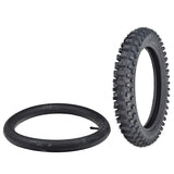 70/100-19 Dirt Bike Tire & Tube Set featuring a knobby tread, ideal for various dirt bike models. Close-up shows durable synthetic rubber with prominent spikes for enhanced traction.