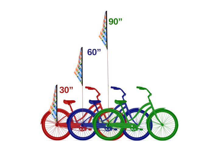 Patriotic Sail Flag with White Flagpole for Scooters, Bikes, & More shown mounted on a group of colorful bicycles, emphasizing its vibrant, sewn-together design and sturdy construction.