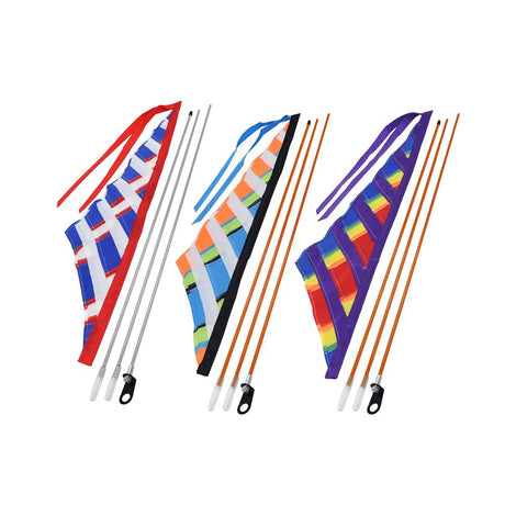 Multicolor Sail Flag for Bikes & Scooters: A group of vibrant, high-quality sail flags with sewn colored panels attached to a sturdy 3-piece flagpole, ideal for enhancing bike or scooter visibility and style.