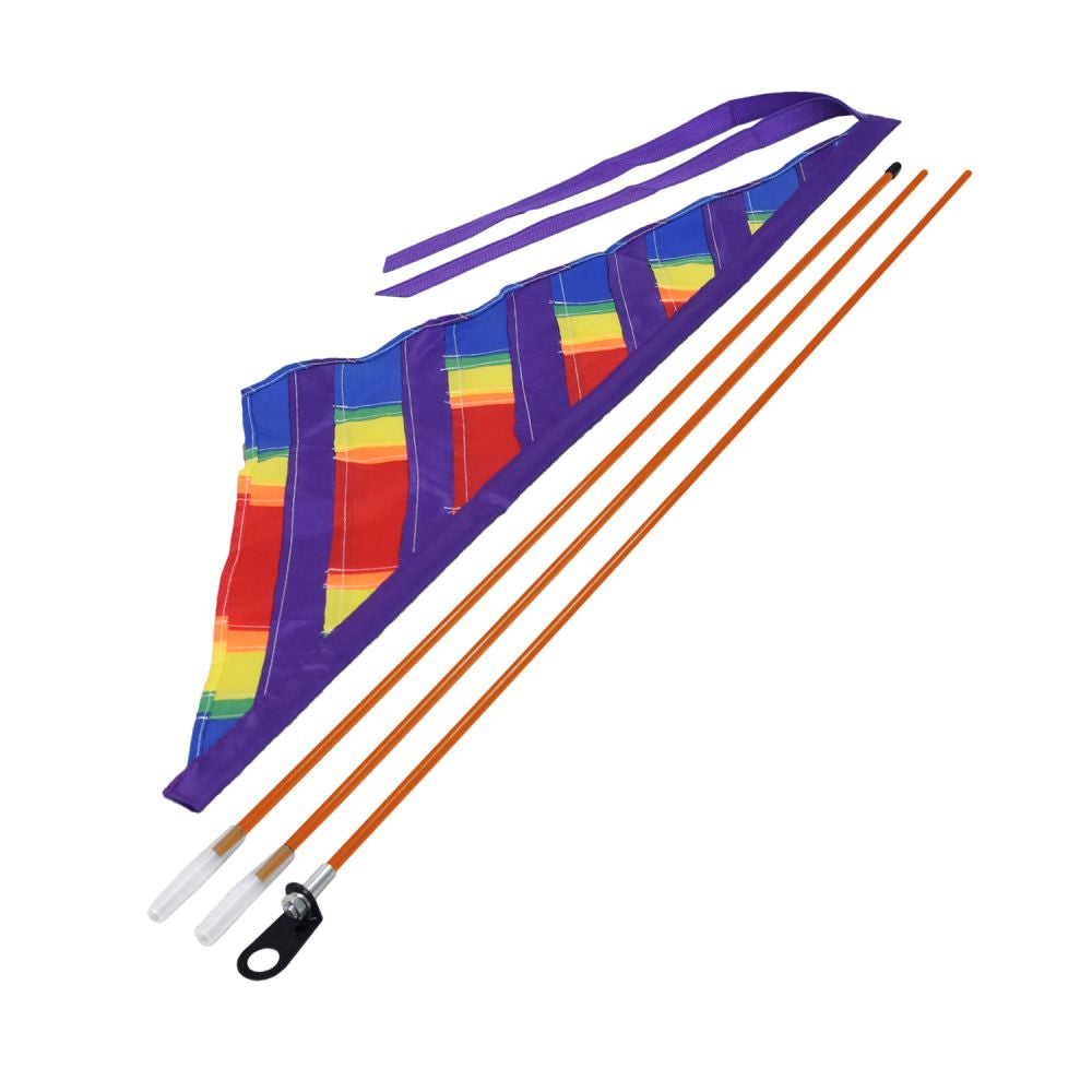 Multicolor Sail Flag for Bikes & Scooters with attached sticks on a white background, showcasing a high-quality, vibrant accessory designed to enhance visibility and style for bike or scooter riders.