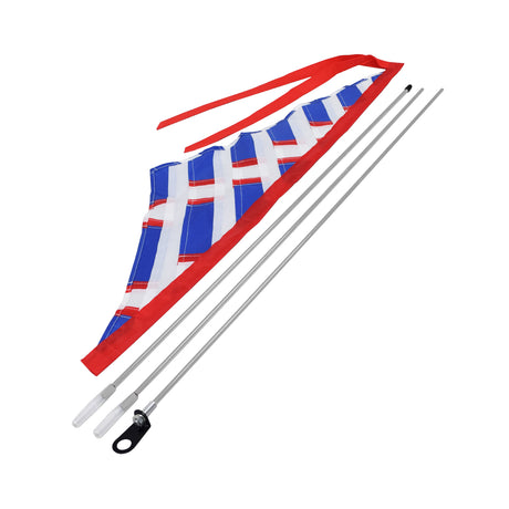 Multicolor Sail Flag for Recumbent Bikes, featuring a sturdy construction with sewn colored panels, a metal rod, and adjustable flagpole. Includes mounting bracket and cable ties for secure installation.