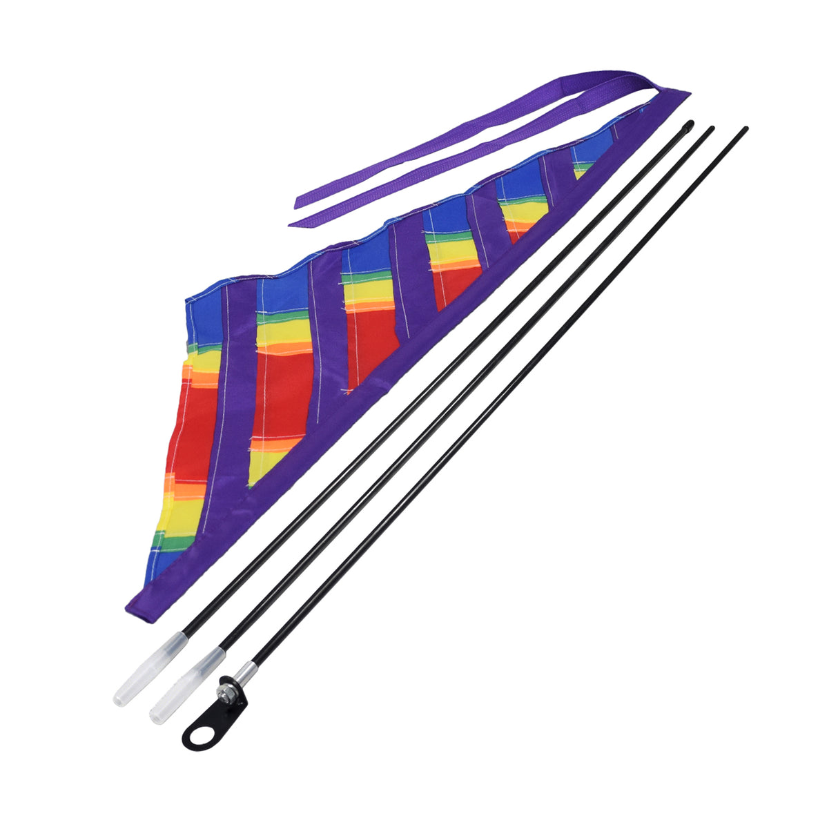 Multicolor Sail Flag for Mobility Scooters & Power Chairs featuring colorful stitched panels with black sticks, shown with a close-up of the flag's patchwork and a purple carrying bag.