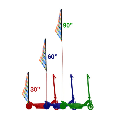 Multicolor Sail Flags for Bikes & Scooters, featuring various sizes and vibrant panels, displayed alongside a group of scooters. Includes a 3-piece flagpole with a universal mounting bracket.