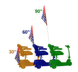 Multicolor Sail Flag for Mobility Scooters & Power Chairs featuring vibrant panels, mounted on a flagpole, attached to a scooter and wheelchair, enhancing visibility and adding flair to the ride.