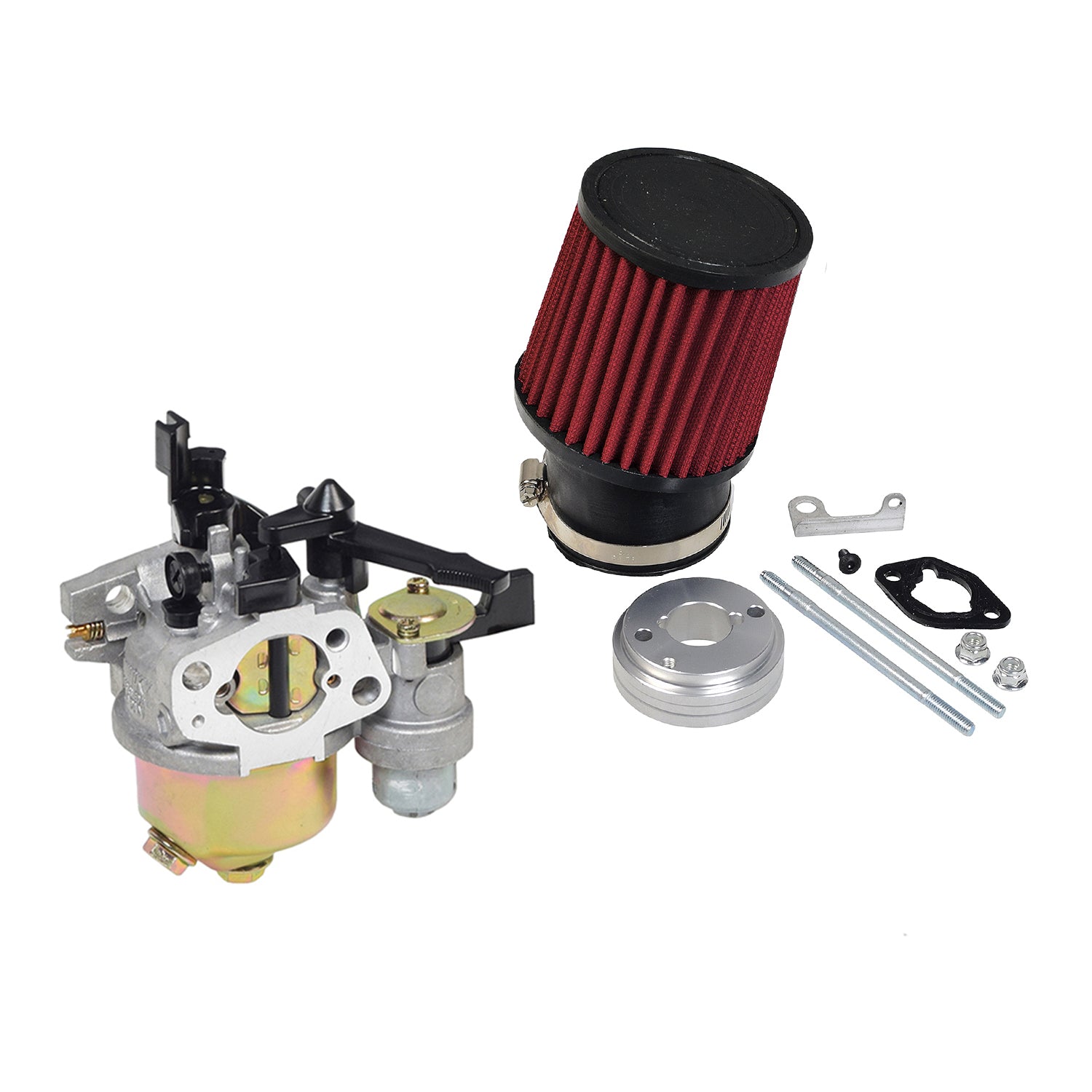 Carburetor with 24 mm Air Intake & Water Trap for the Realtree RT200 196cc Mini Bike, featuring a red filter and metal components, including the water trap reservoir below the fuel cut-off switch.