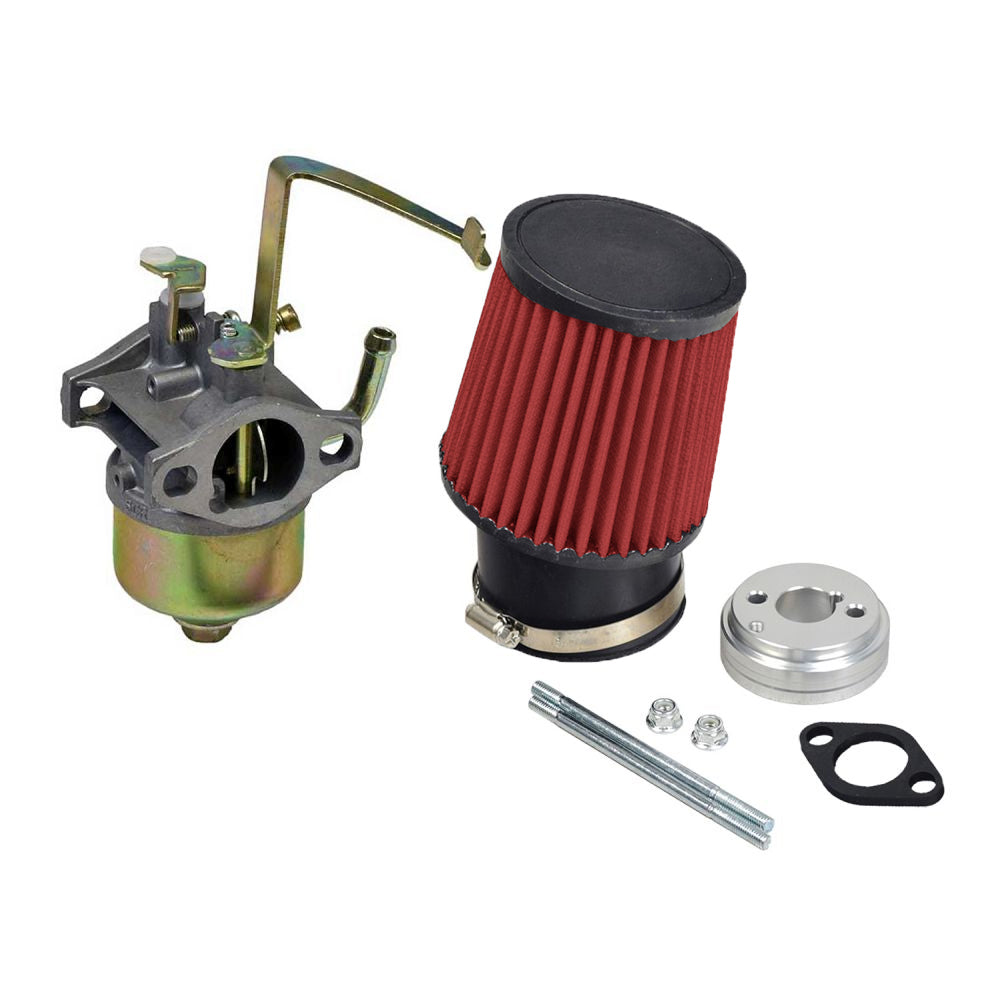 P15 Carburetor for Coleman CK100 & SK100 Go-Karts featuring a close-up of the carburetor with an attached red air filter and visible metal components, highlighting its high performance design.