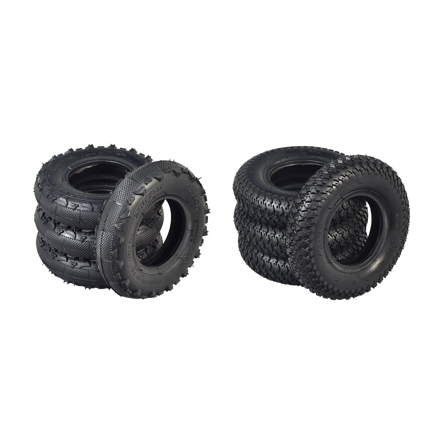 Stack of 200x50 (8x2) Tires for Razor Dune Buggy (Set of Four) showcasing treads and spikes, ideal for both paved and off-road surfaces.