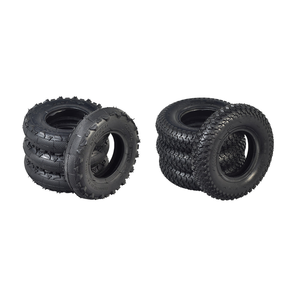 Stack of 200x50 (8x2) Tires for Razor Dune Buggy (Set of Four) showcasing treads and spikes, ideal for both paved and off-road surfaces.