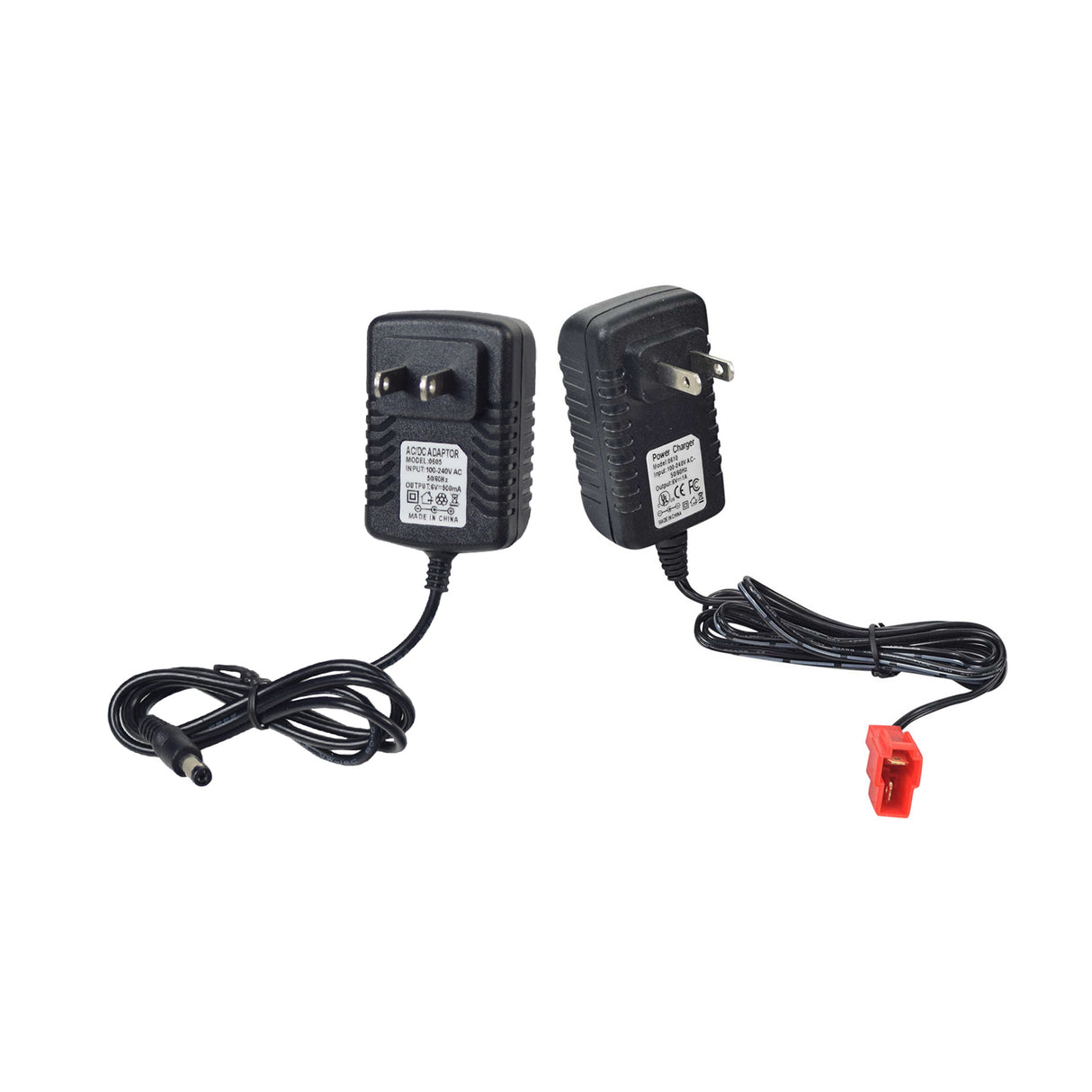 6 Volt Battery Charger for Kid Trax Ride-On Toys showing two styles: a black adapter with a round coaxial connector and a black charger with a red square end connector.