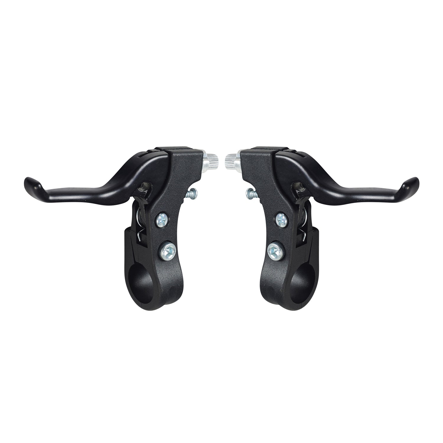 Brake Lever for the Mongoose Expo Freestyle Scooter - A pair of black bicycle brake levers designed for either left or right side configuration, shown without brake cables or additional parts.