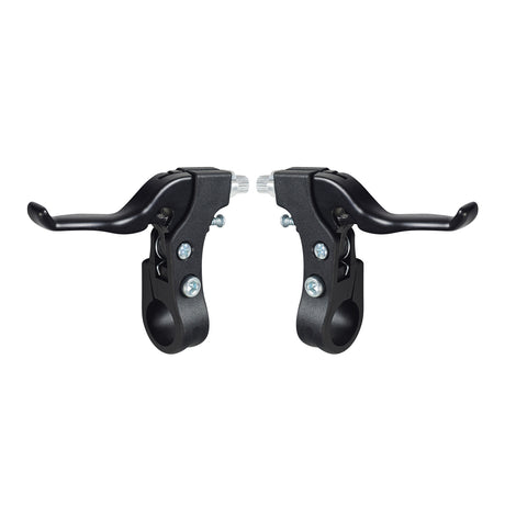 Brake Lever for the Mongoose Expo Freestyle Scooter - A pair of black bicycle brake levers designed for either left or right side configuration, shown without brake cables or additional parts.