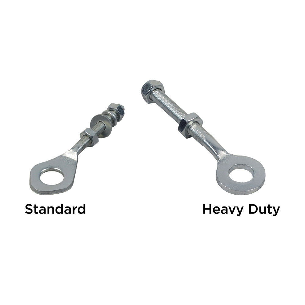 Close-up of ATV & Dirt Bike Chain Adjuster (13mm ID, M6 Standard & M8 Heavy Duty Thread), showcasing metal screws, bolts, and nuts essential for tension adjustment.